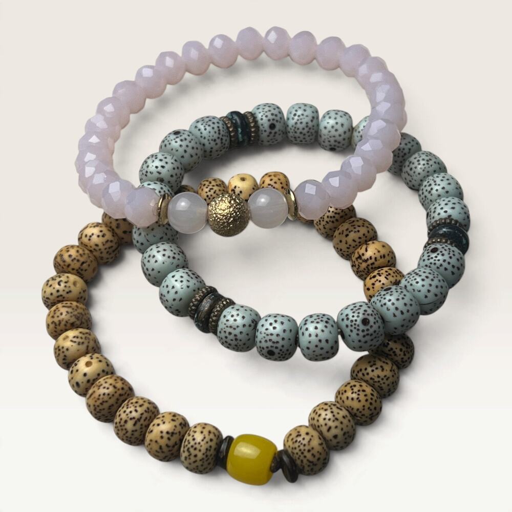 3-Piece Boho Stacking Bracelet Set - Grey, Lavender & Tan Speckled Beads